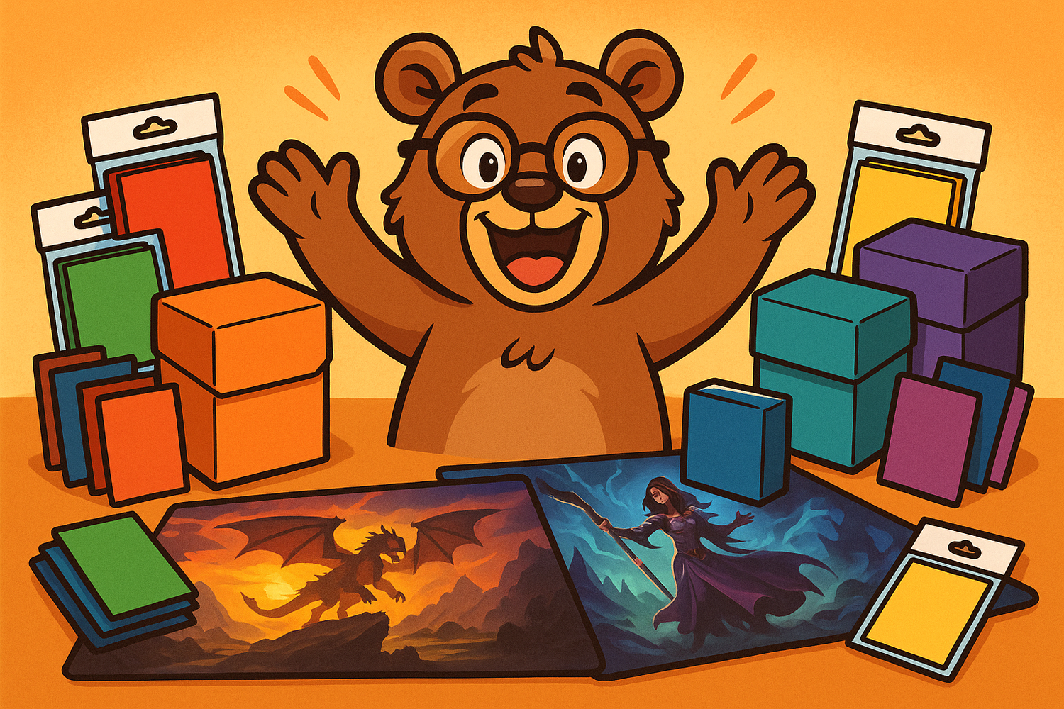 image of an excited bear wearing glasses, regarding latest tcg products, such as sleeves, deck boxes, and mats